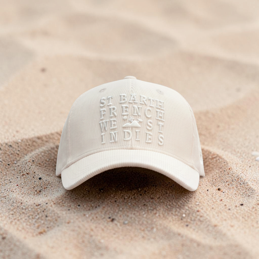 Casquette St Barth French West Indies en velours côtelé sable avec broderie ton sur ton sur le sable