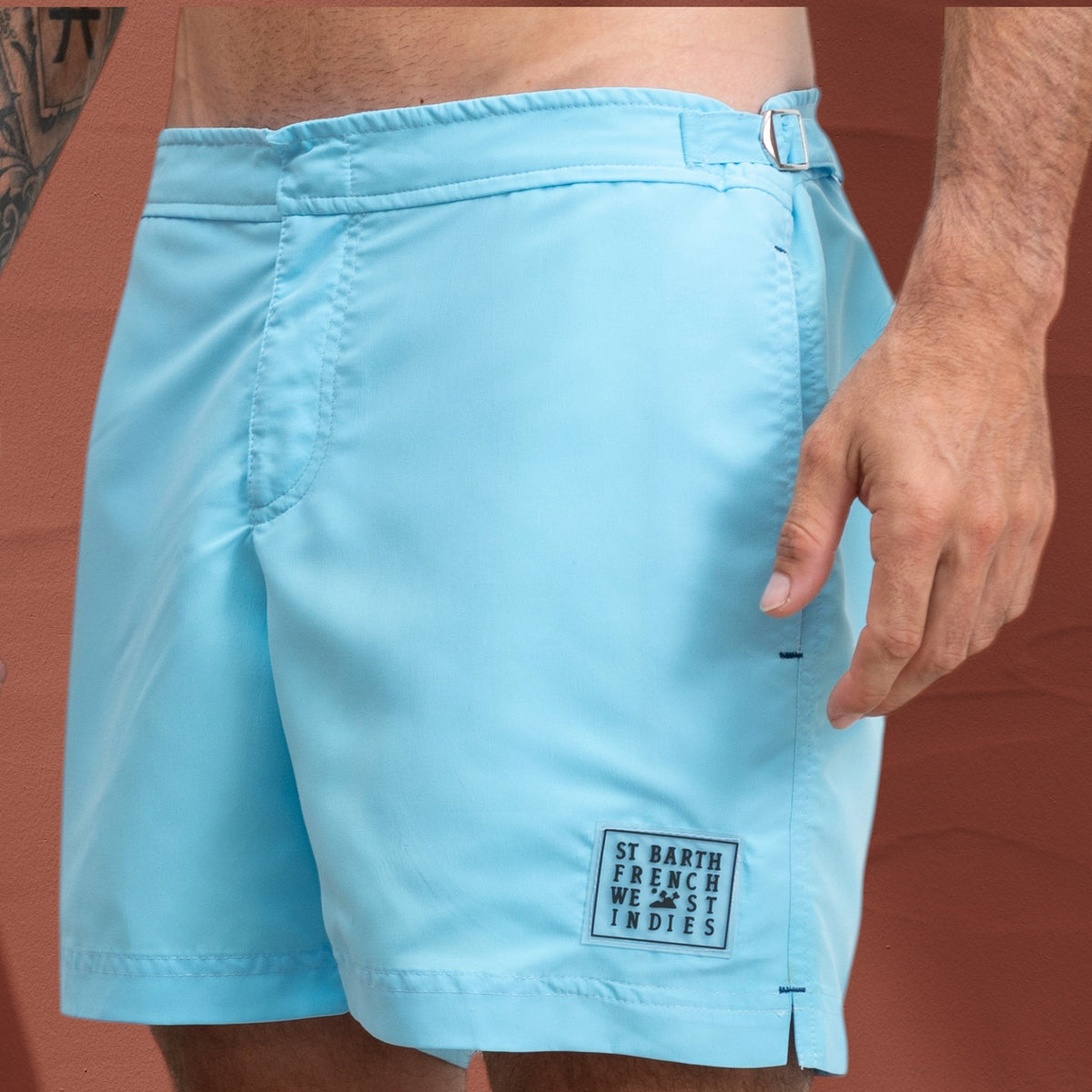 Short de bain bleu clair St Barth French West Indies avec fermetures latérales chromées et logo 3D sur la jambe