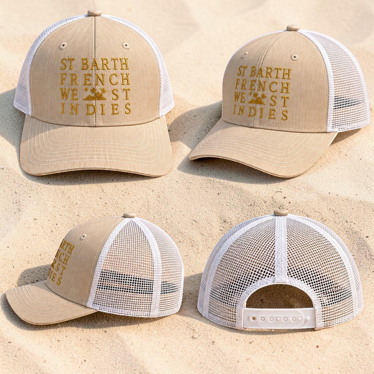 Casquette de baseball St Barth French West Indies beige et blanche avec filet respirant posée sur du sable