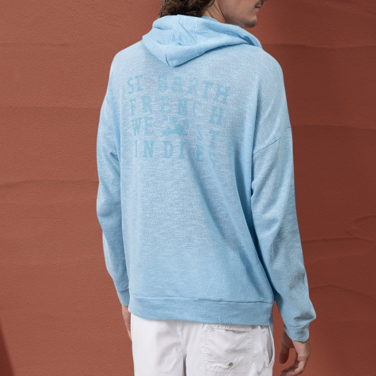 Sweat à capuche unisexe St Barth French West Indies bleu clair en coton tricoté avec logo imprimé au dos