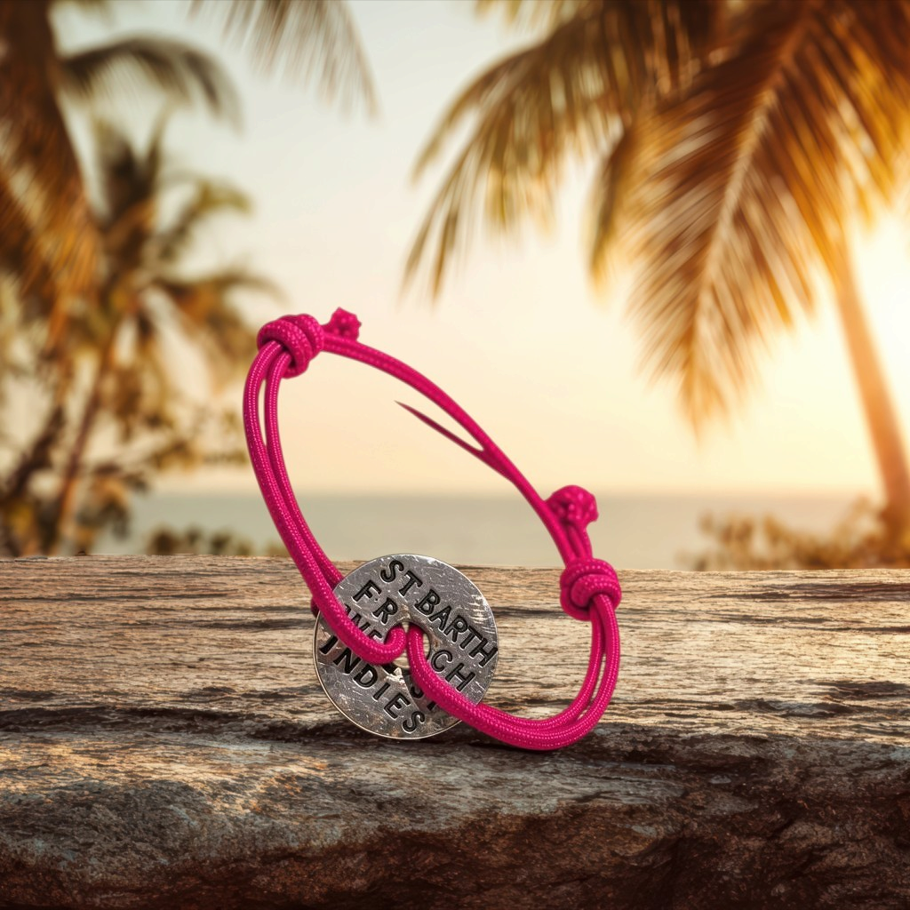 Bracelet élastique rose St Barth French West Indies avec une pièce métallique gravée sur un tronc d'arbre au coucher