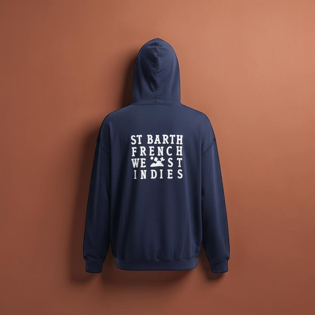 Sweat Γ capuche bleu marine St Barth French West Indies avec logo imprimΓ© effet velours au dos