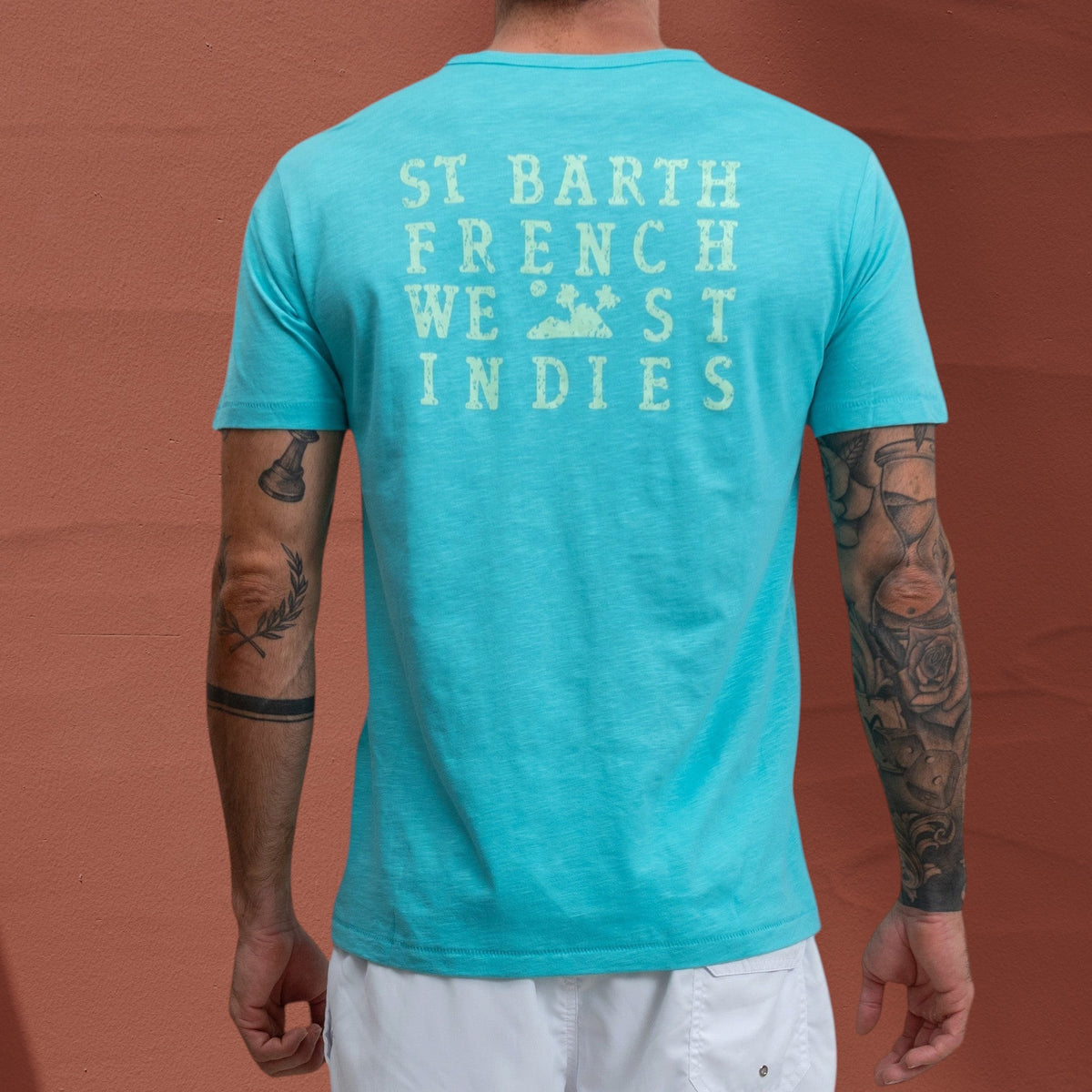 T-shirt Jasper St Barth French West Indies en coton flammé bleu turquoise avec logo imprimé au dos