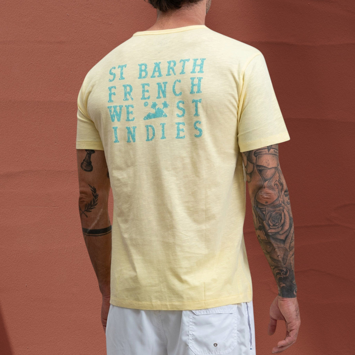 T-shirt Jasper St Barth French West Indies en coton flammé jaune avec logo imprimé bleu au dos