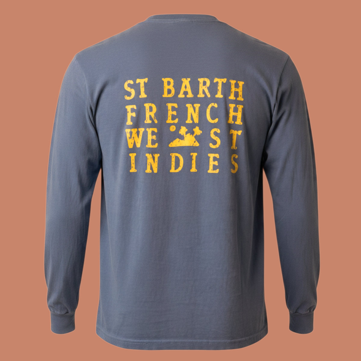 T-shirt manches longues St Barth French West Indies bleu ardoise avec logo jaune vieilli au dos