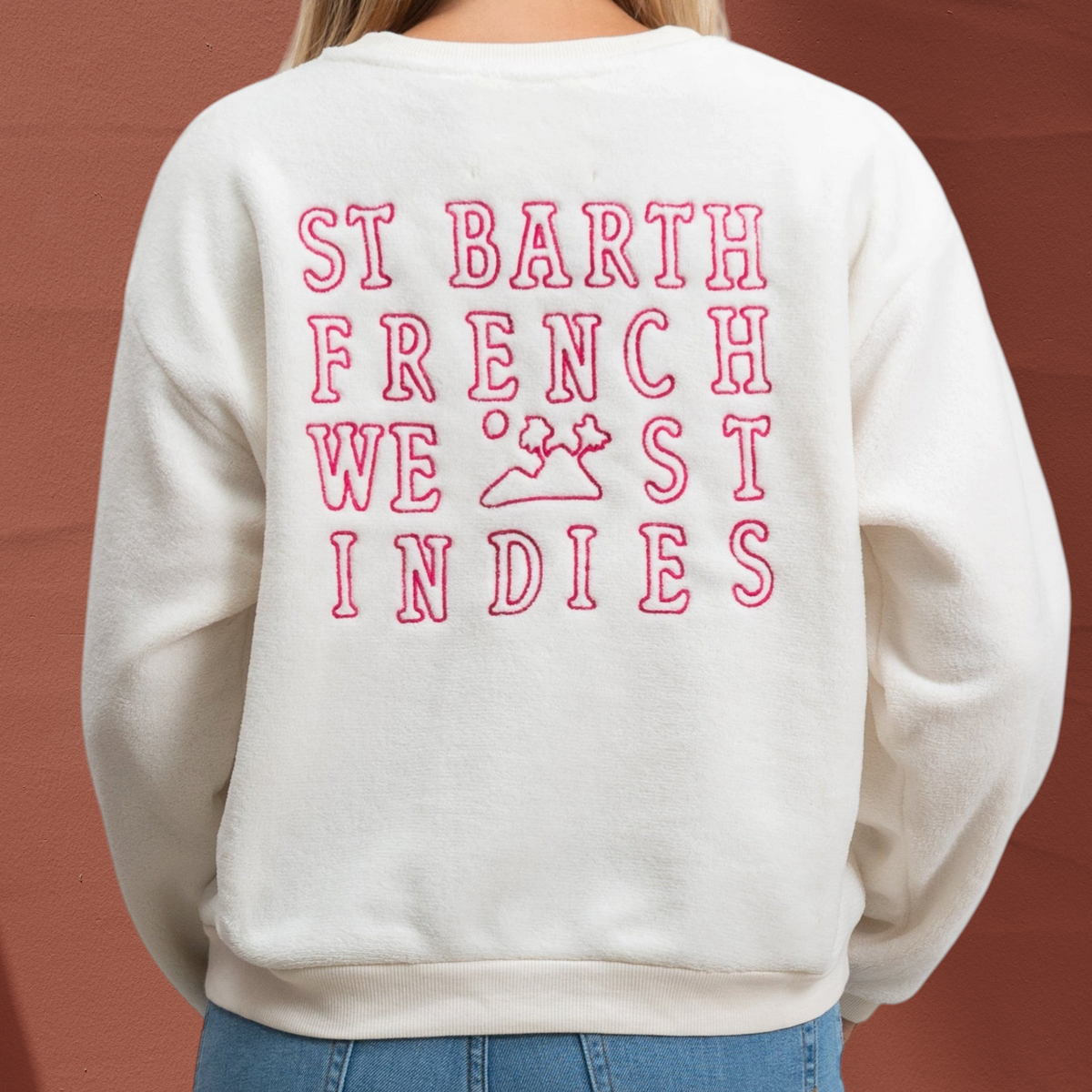 Sweat-shirt court St Barth French West Indies en polaire crème avec logo brodé rouge au dos