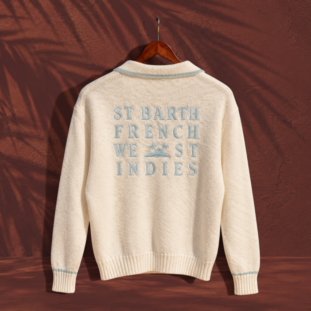 Polo manches longues en maille St Barth French West Indies beige avec broderie logo argentée au dos
