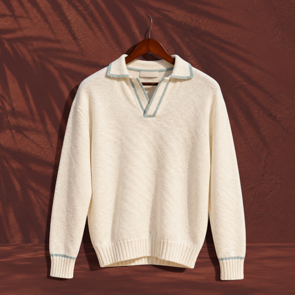 Polo en maille St Barth French West Indies blanc cassé à manches longues avec détails gris argenté sur le col