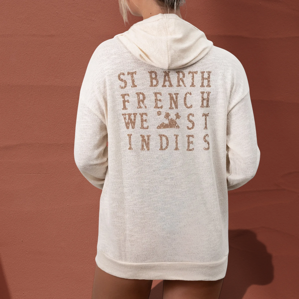 Sweat à capuche unisexe St Barth French West Indies en coton beige avec logo imprimé au dos