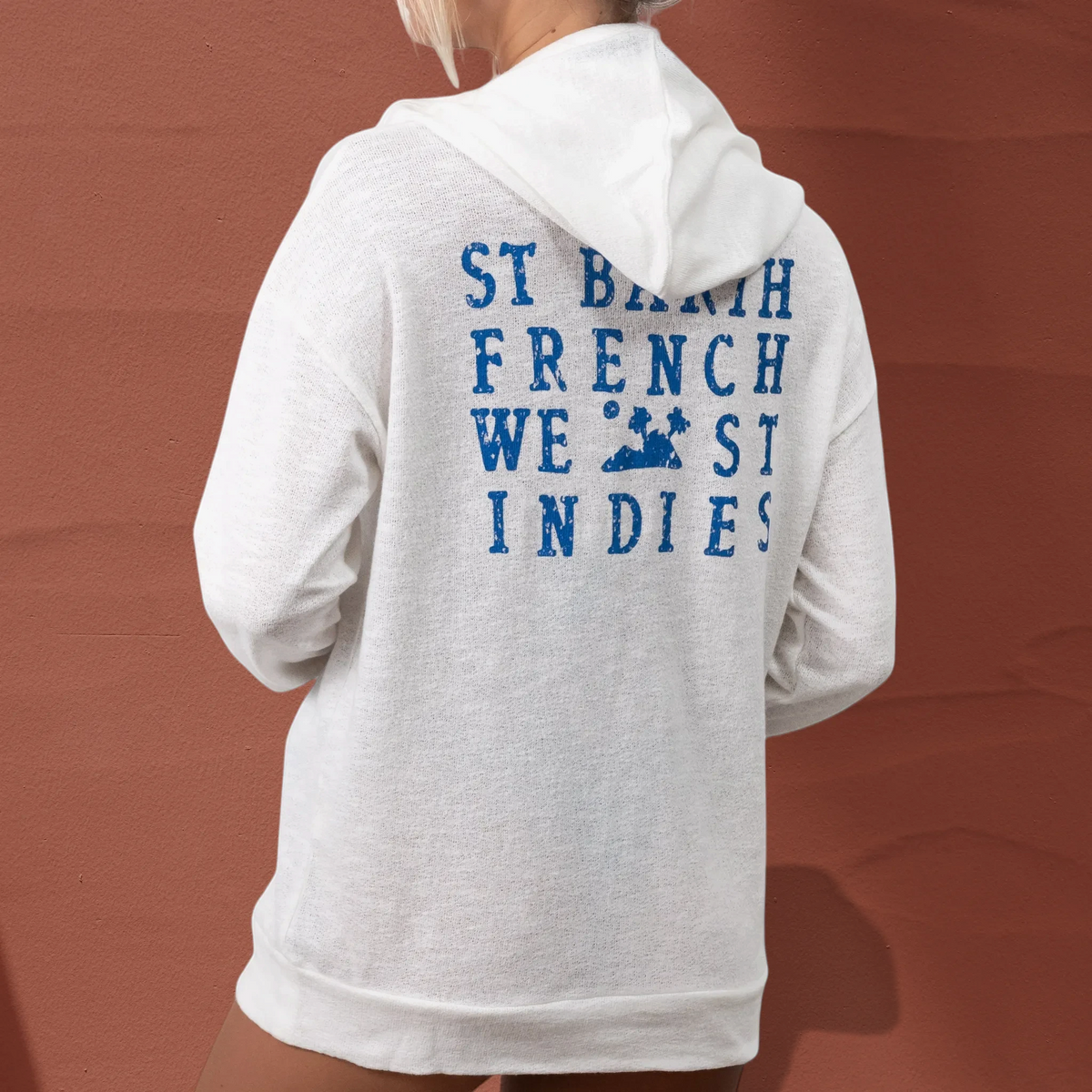 Sweat à capuche unisexe St Barth French West Indies en coton blanc avec logo bleu imprimé au dos