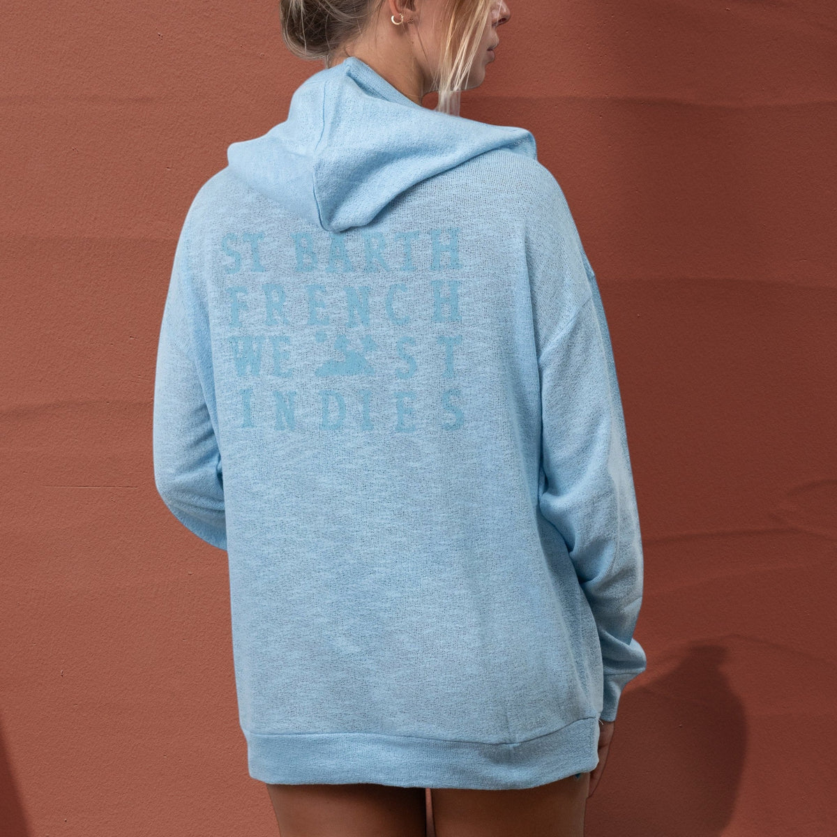 Sweat à capuche unisexe St Barth French West Indies bleu clair en coton tricoté avec logo imprimé au dos