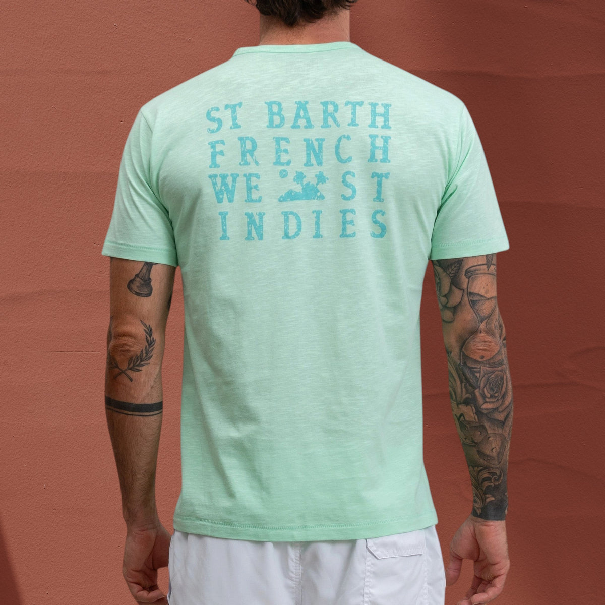 T-shirt Jasper en coton slub vert menthe St Barth French West Indies avec logo coloré imprimé au dos